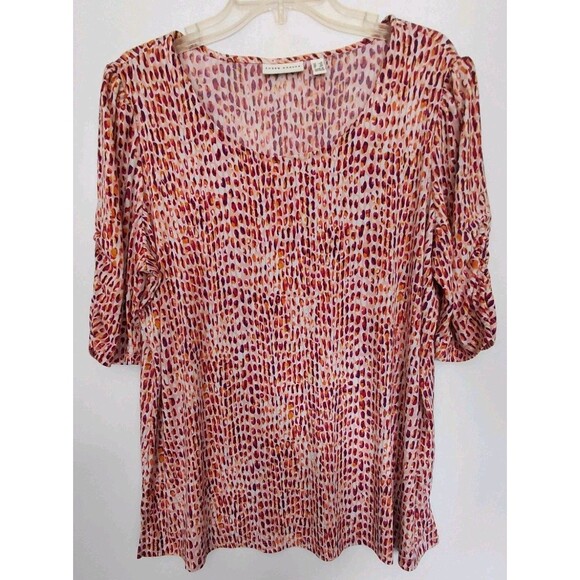 Susan Graver Sz 1X Pink/Purple Abstract Animal Print Top w/Short Ruched Sleeves - Picture 1 of 9